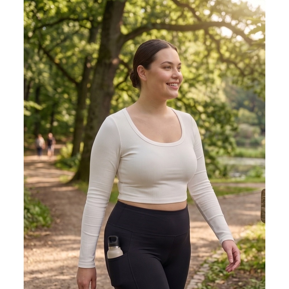 Calia Women Large Cream Ribbed Long Sleeve Cropped Workout Top with Shelf Bra